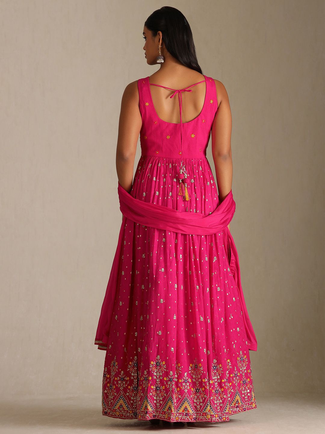 Dhiyona SO Women's Floral Embroidered V-Neck Sequinned Anarkali Kurta With Leggings & Dupatta