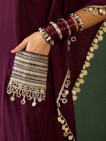 Dhiyona SN Women's Burgundy Geometric Embroidered V-Neck Mirror Work Kaftan With Trousers