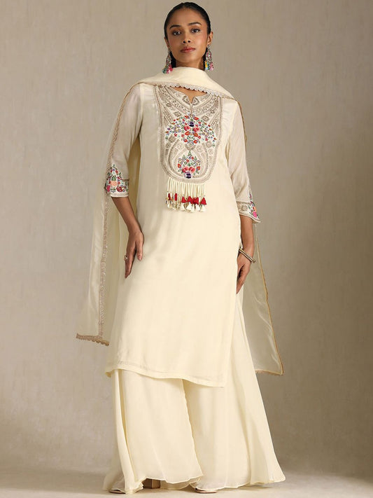 Dhiyona SO Women's Women Ethnic Motifs Embroidered Regular Thread Work Kurta with Palazzos & With Dupatta
