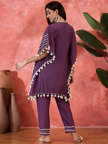 Dhiyona SN Women's Floral Embroidered Square Neck Mirror Work Kaftan Kurta With Trousers