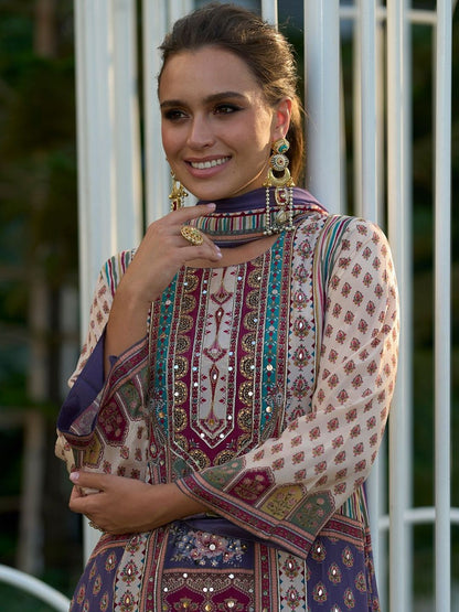 Women Ethnic Motifs Printed Sequinned A-Line Kurta with Palazzos & Dupatta