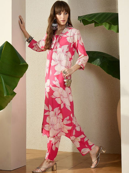 Women Pink Printed A-Line Kurta Trousers Set