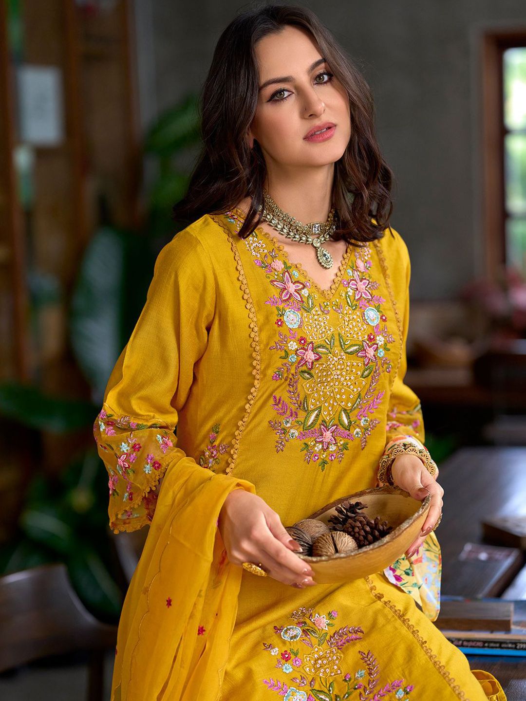 Women Floral Embroidered Panelled Sequinned Kurta with Trousers & With Dupatta