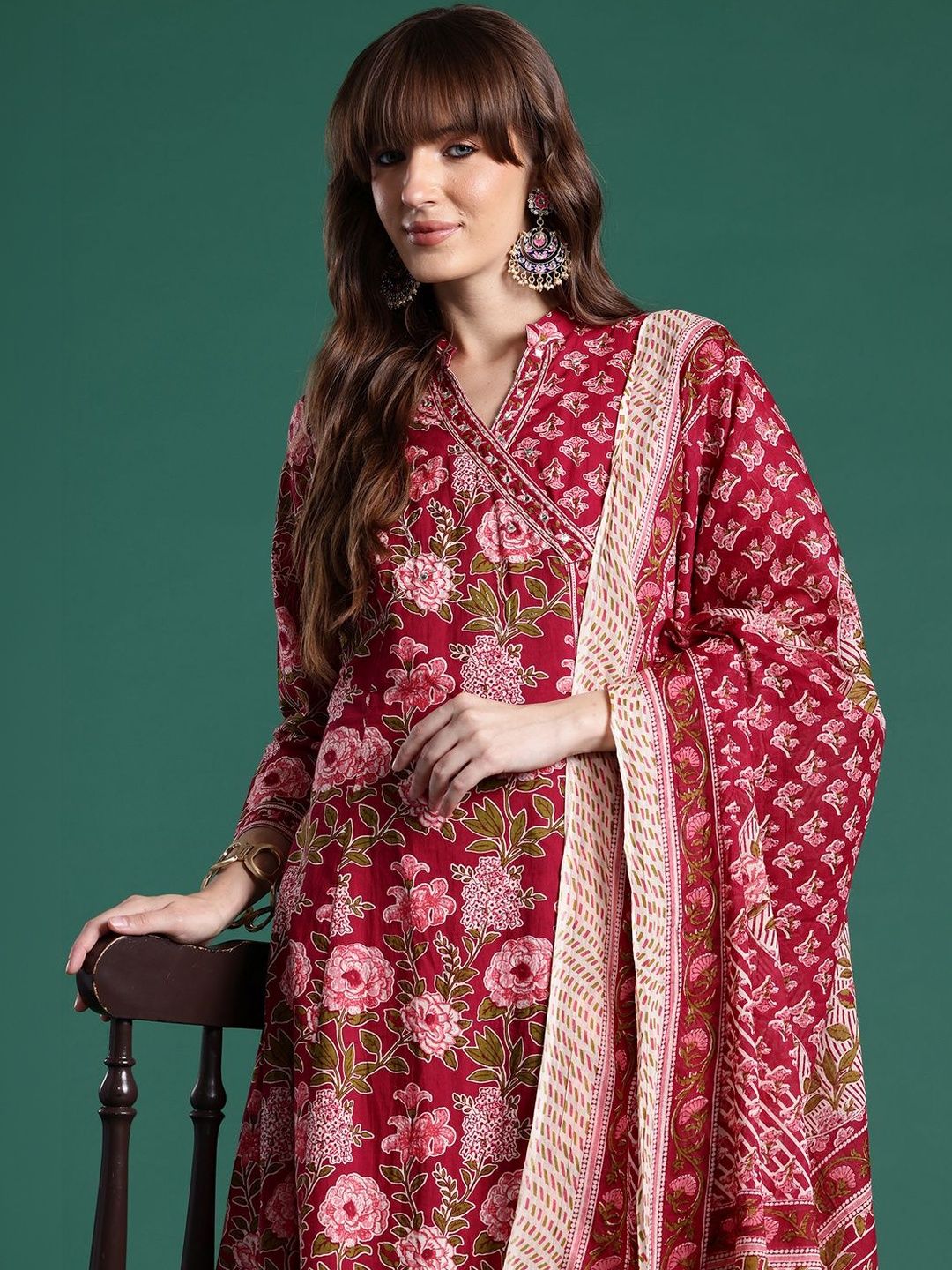 Women Floral Printed Angrakha Pure Cotton Kurta with Trousers & With Dupatta
