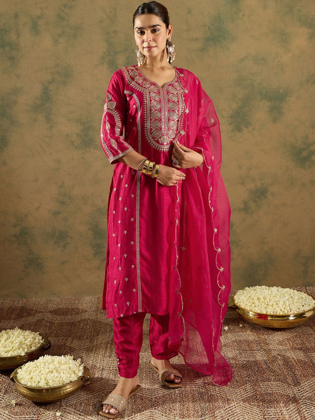 Dhiyona IE Ethnic Motifs Embroidered Panelled A-Line Kurta with Trousers & Dupatta