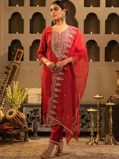 Dhiyona IE Women's Women Ethnic Motifs Embroidered Regular Liva Kurta with Trousers & With Dupatta