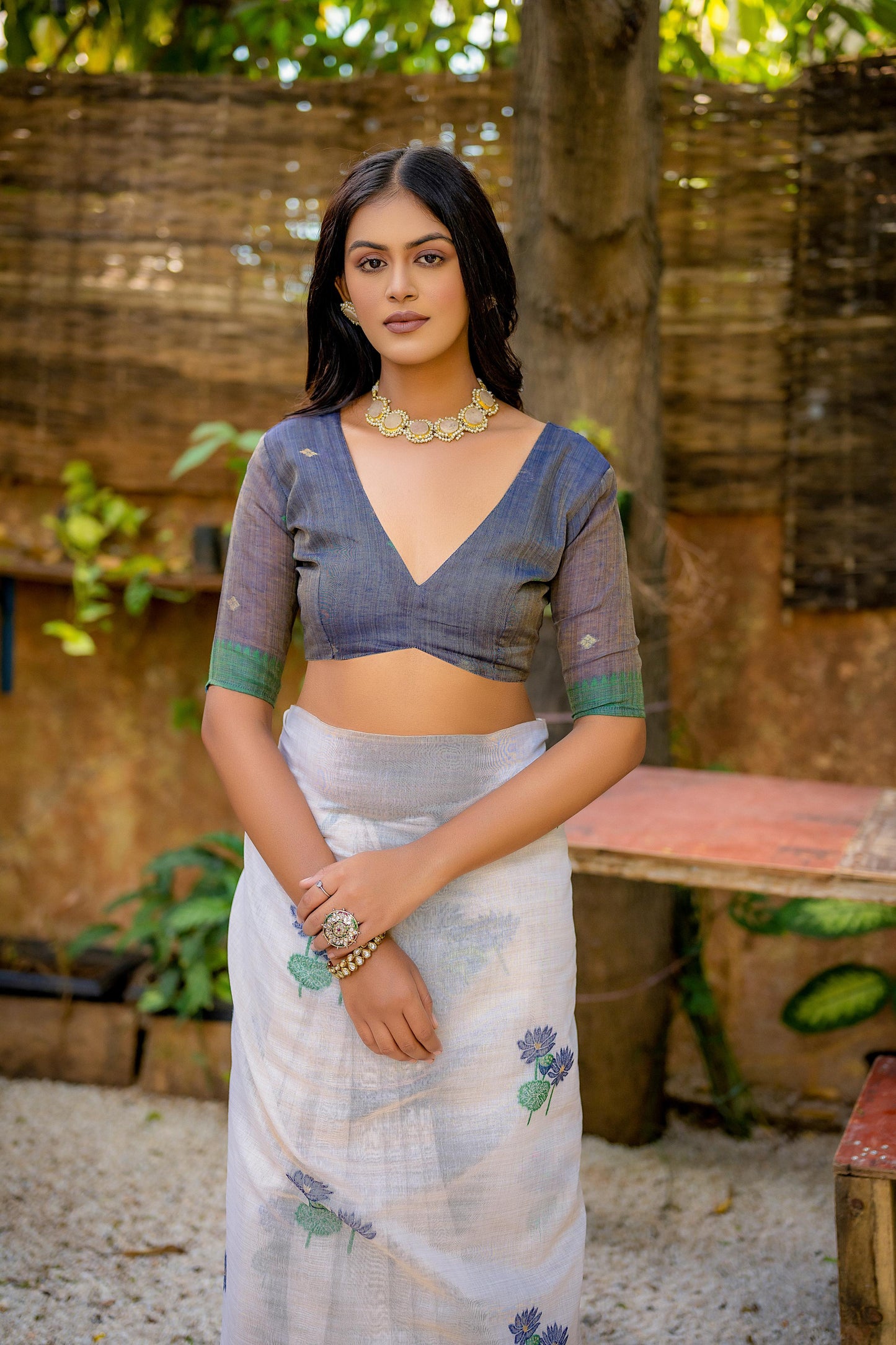 Dhiyona GR Women's Ming Blue Muga Cotton Saree