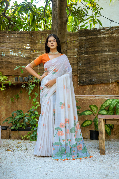Dhiyona GR Women's Pumpkin Orange Muga Cotton Saree