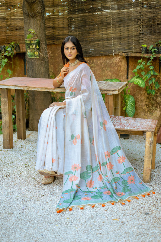 Dhiyona GR Women's Pumpkin Orange Muga Cotton Saree