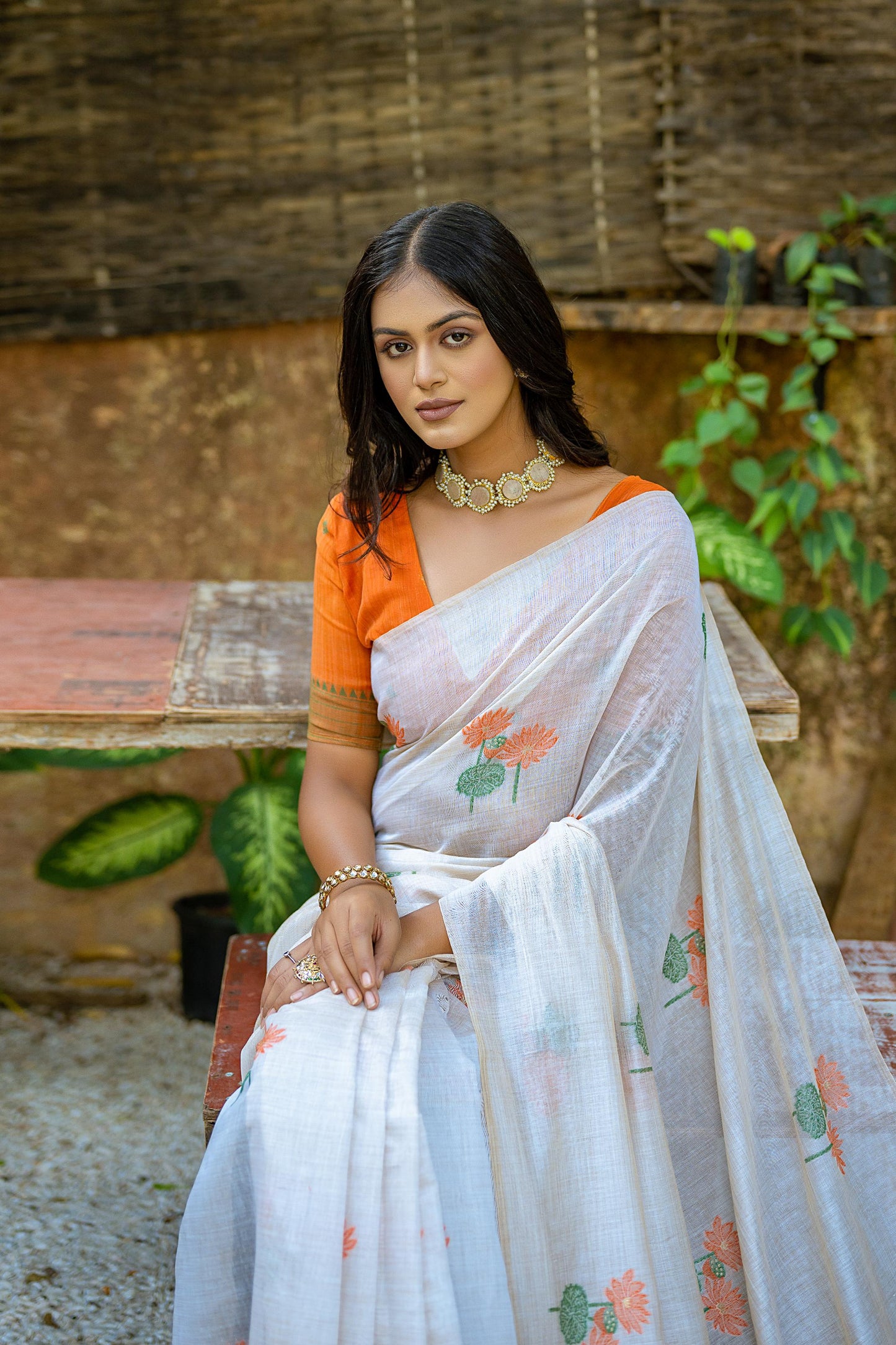 Dhiyona GR Women's Pumpkin Orange Muga Cotton Saree