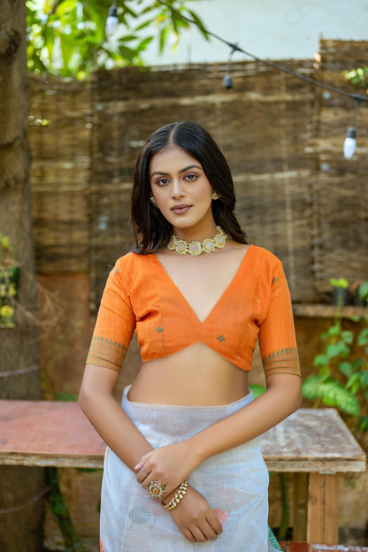 Dhiyona GR Women's Pumpkin Orange Muga Cotton Saree