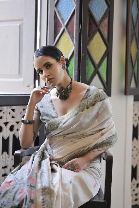 Dhiyona GR Women's Niza Grey Muga Cotton Saree