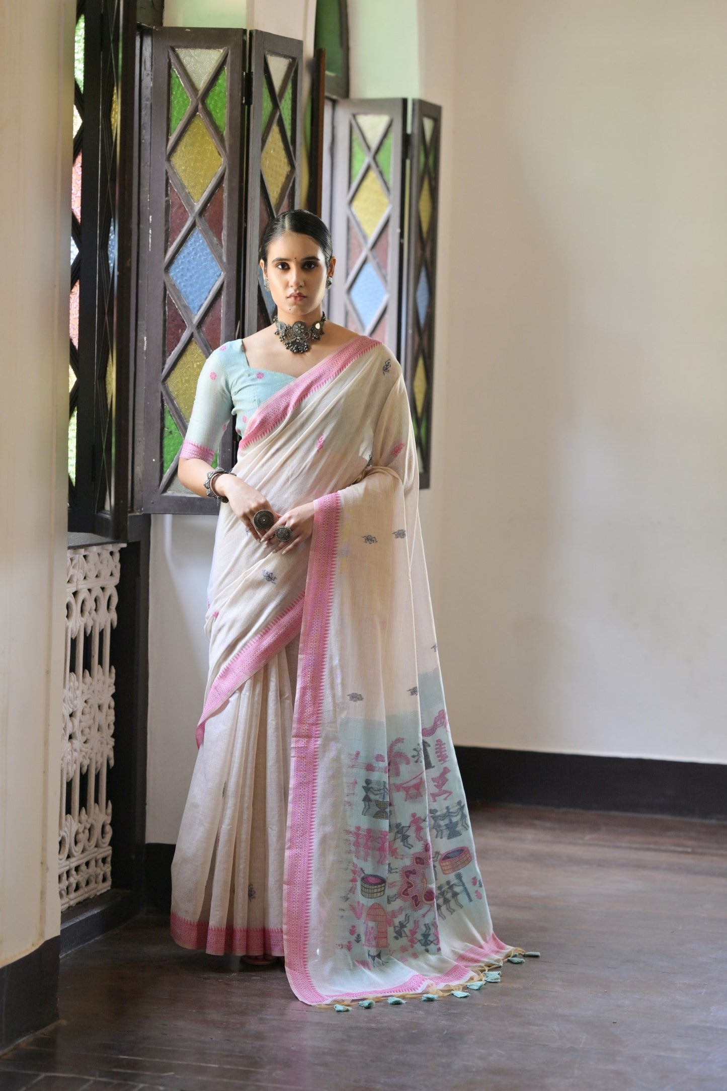 Dhiyona GR Women's Niza Pink Muga Cotton Saree