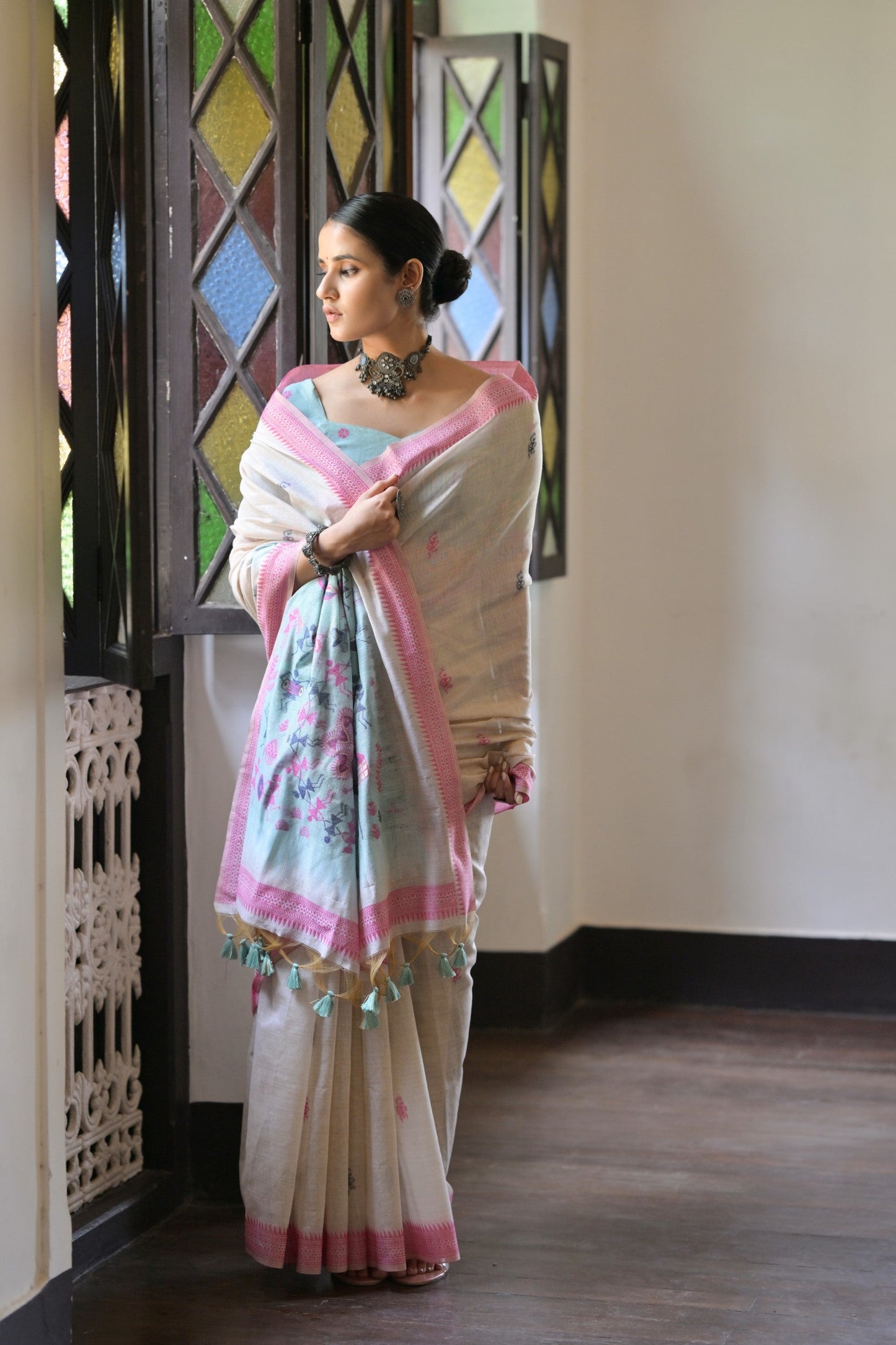Dhiyona GR Women's Niza Pink Muga Cotton Saree