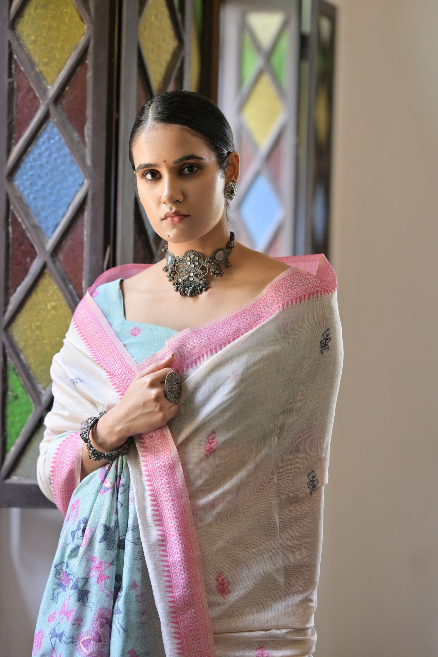 Dhiyona GR Women's Niza Pink Muga Cotton Saree