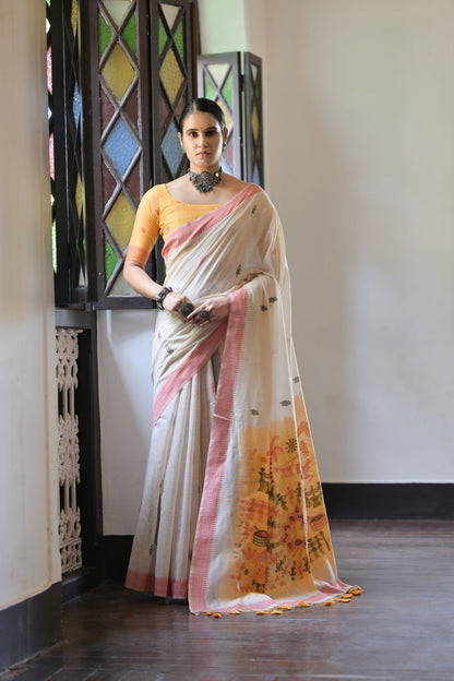 Dhiyona GR Women's Niza Mustard Muga Cotton Saree