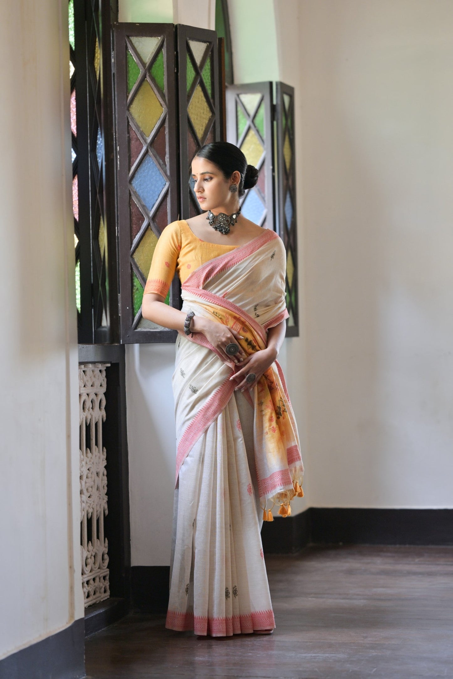 Dhiyona GR Women's Niza Mustard Muga Cotton Saree