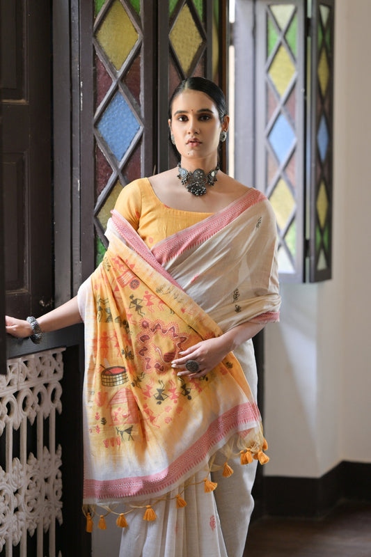 Dhiyona GR Women's Niza Mustard Muga Cotton Saree