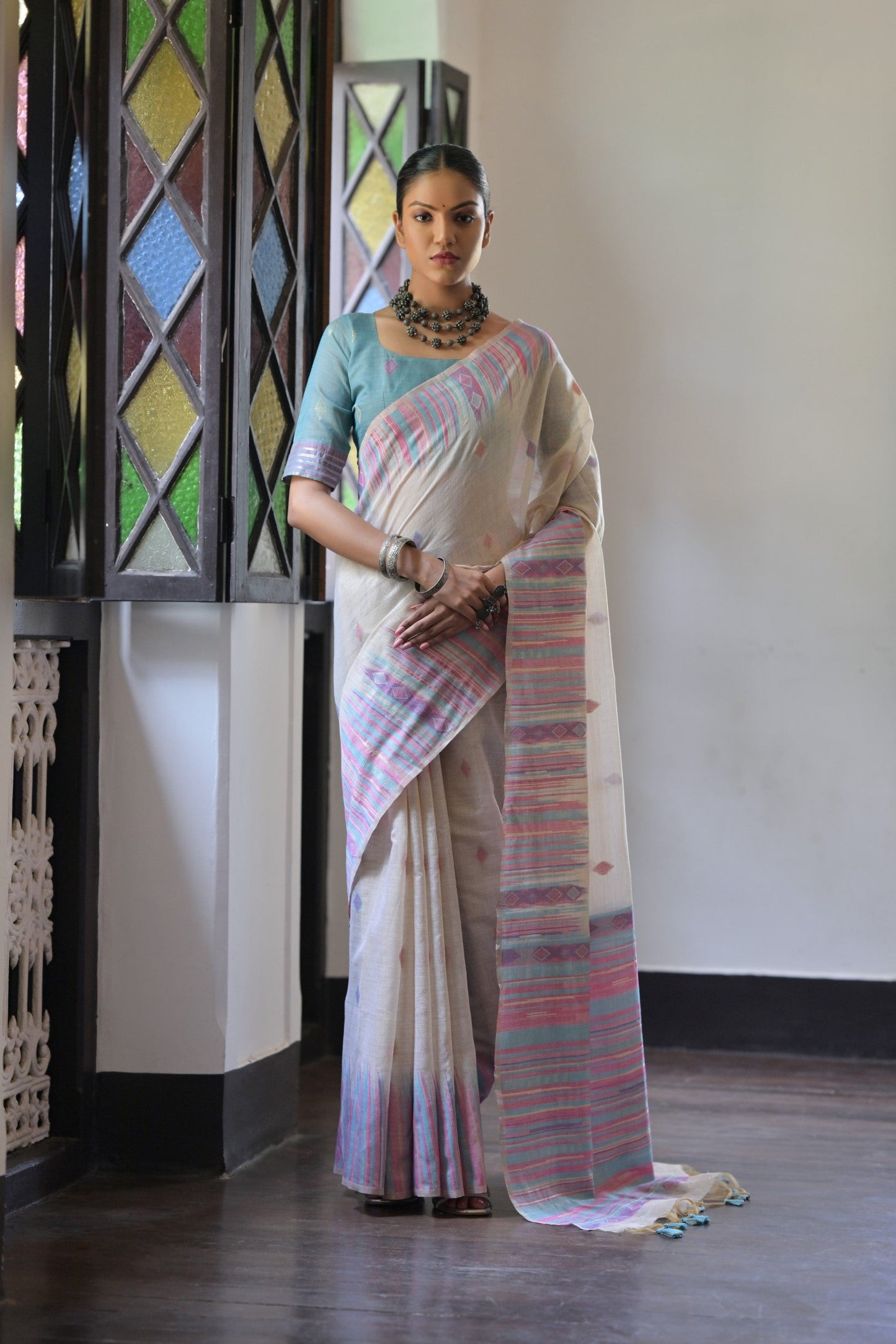 Dhiyona GR Women's Firozi Muga Cotton Ikkat Saree