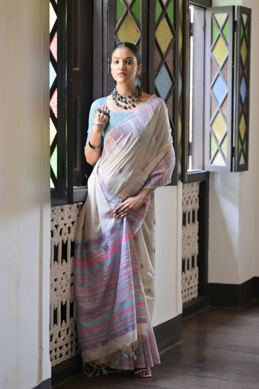 Dhiyona GR Women's Firozi Muga Cotton Ikkat Saree