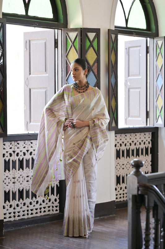 Dhiyona GR Women's Mehendi Muga Cotton Ikkat Saree