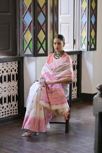 Dhiyona GR Women's Peach Muga Cotton Ikkat Saree