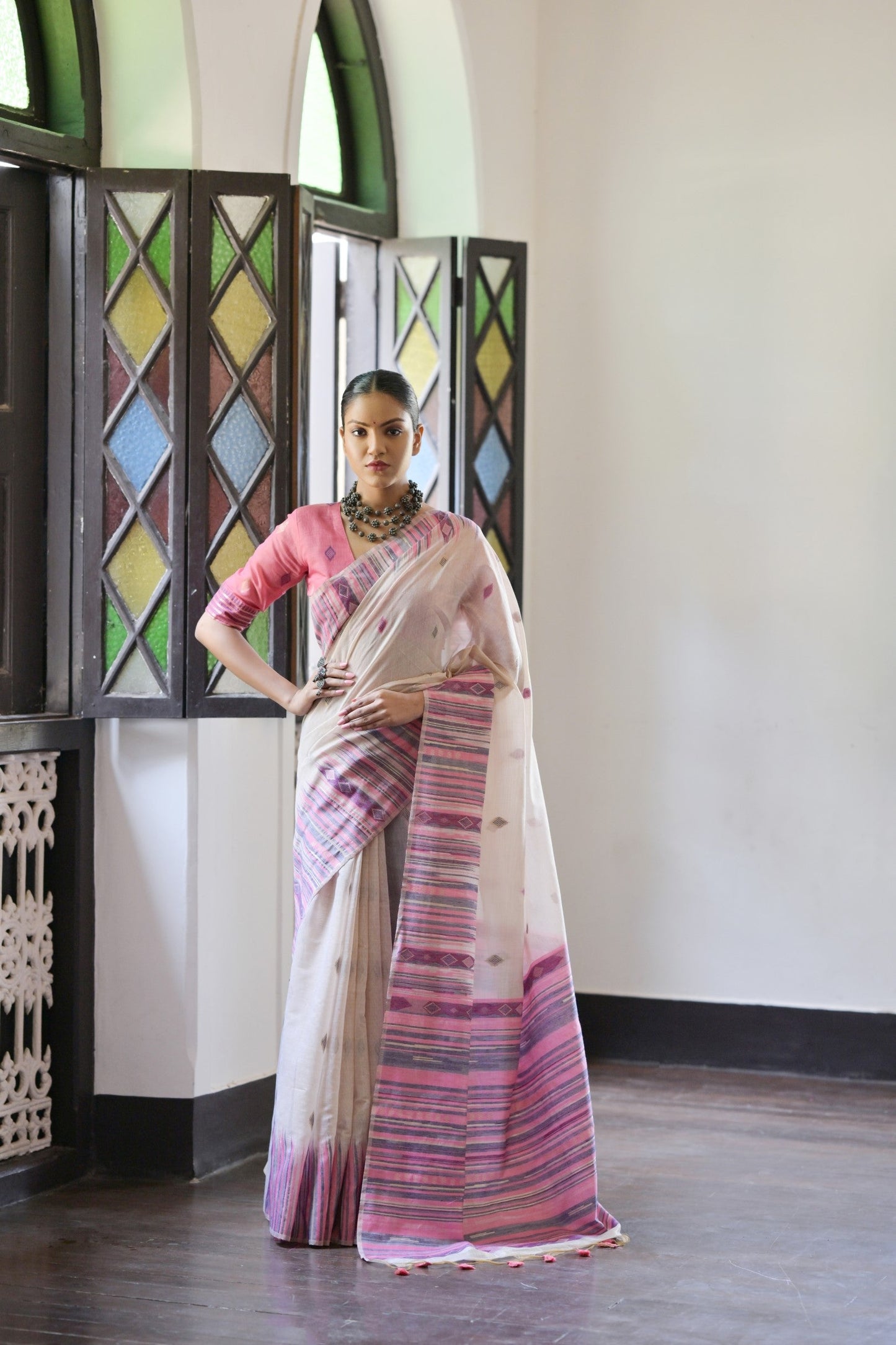 Dhiyona GR Women's Pink Muga Cotton Ikkat Saree