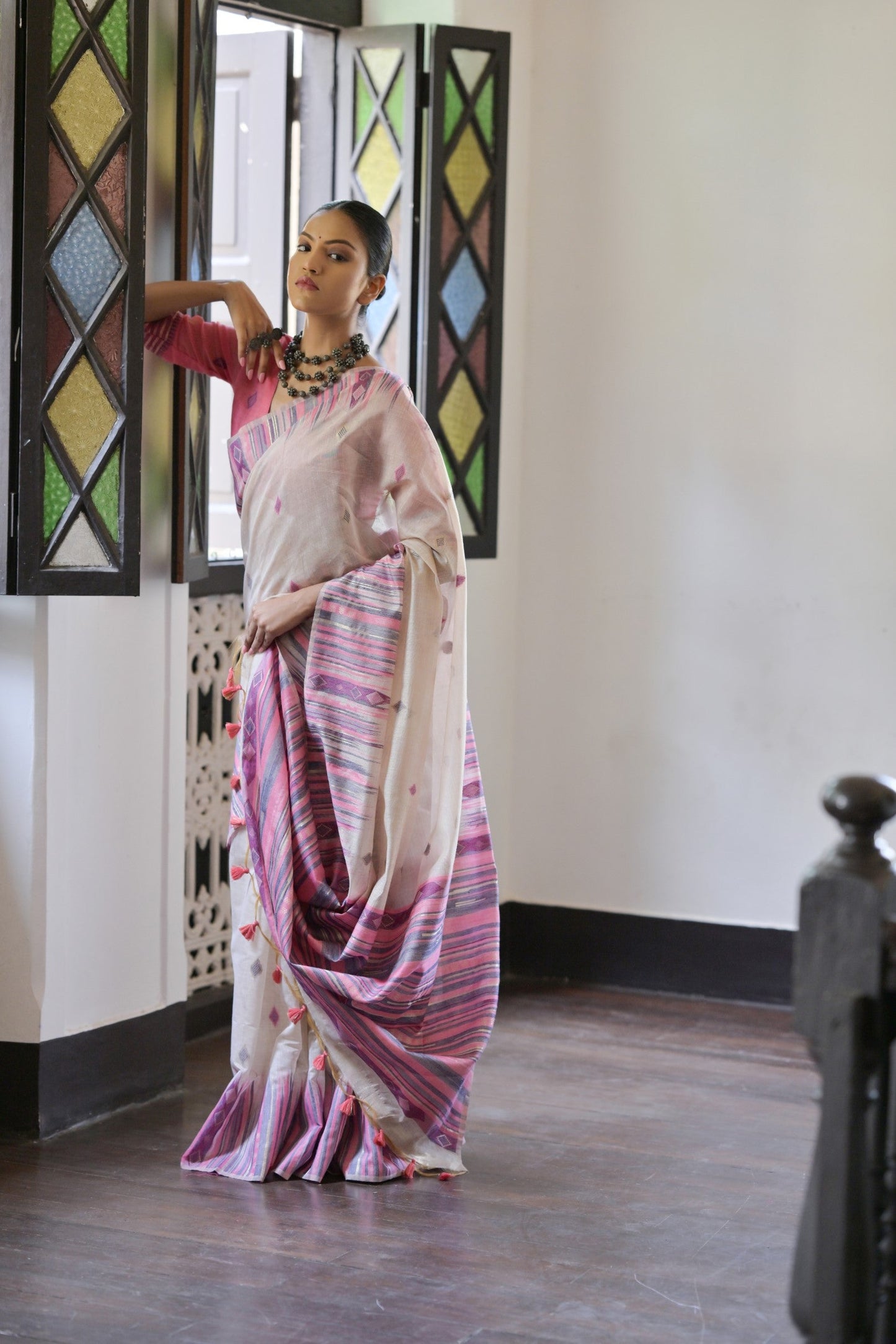 Dhiyona GR Women's Pink Muga Cotton Ikkat Saree