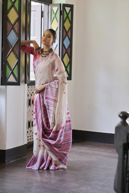 Dhiyona GR Women's Pink Muga Cotton Ikkat Saree