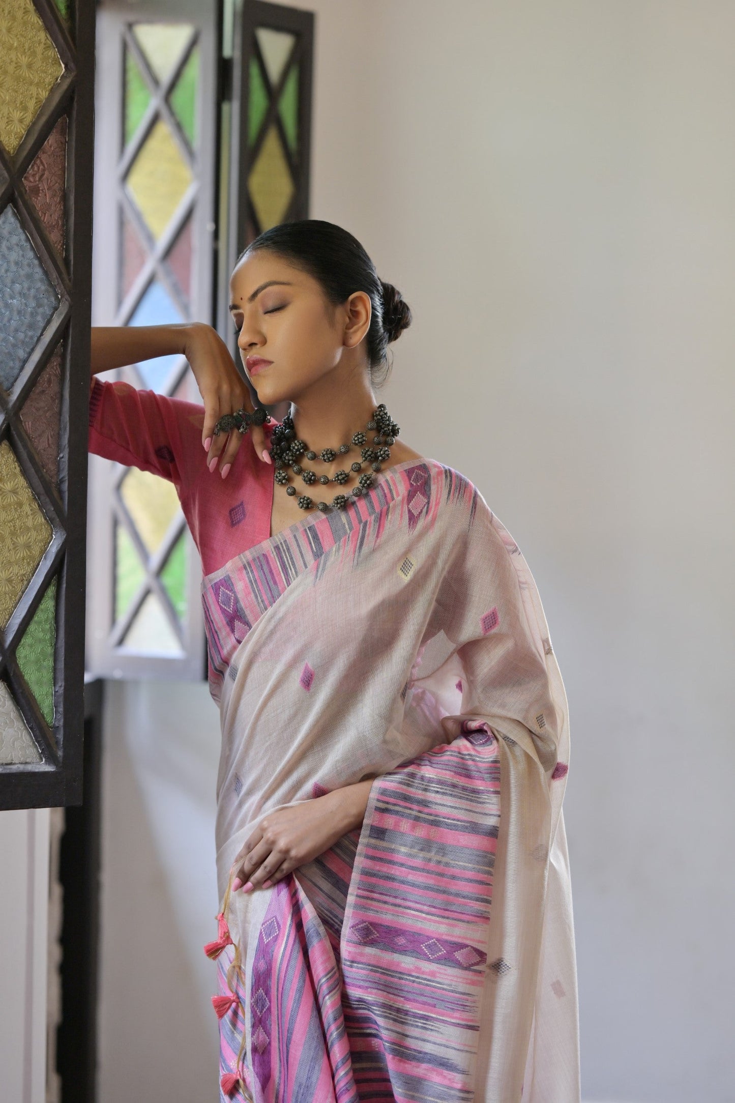 Dhiyona GR Women's Pink Muga Cotton Ikkat Saree
