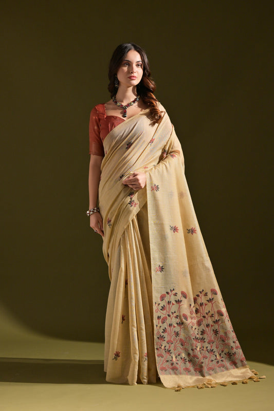 Dhiyona GR Women's Florance Beige Muga Cotton Jamdani Saree
