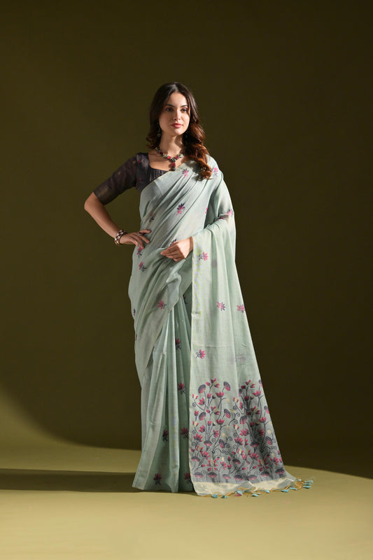Dhiyona GR Women's Florance Firozi Blue Muga Cotton Jamdani Saree