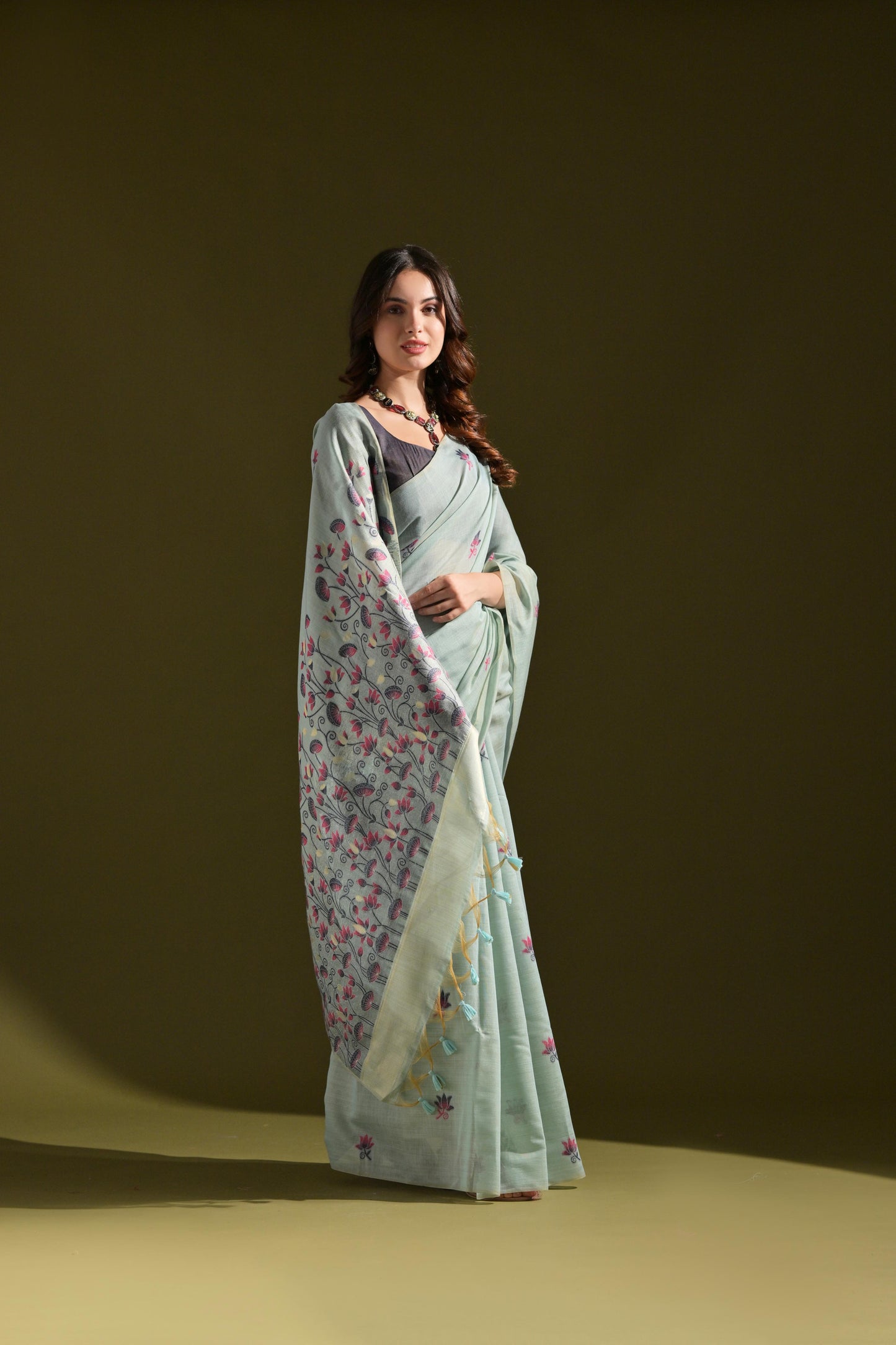 Dhiyona GR Women's Florance Firozi Blue Muga Cotton Jamdani Saree