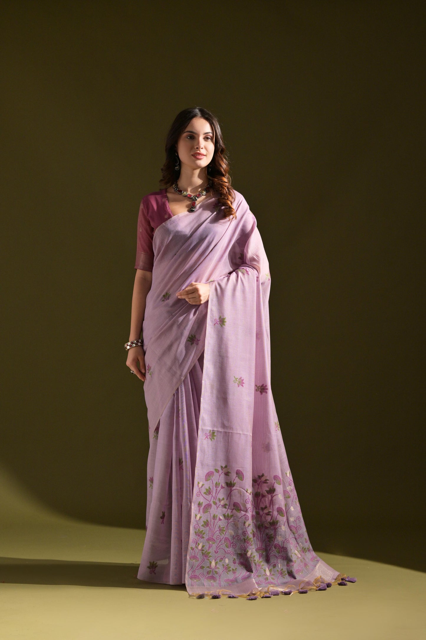 Dhiyona GR Women's Florance Lavender Muga Cotton Jamdani Saree