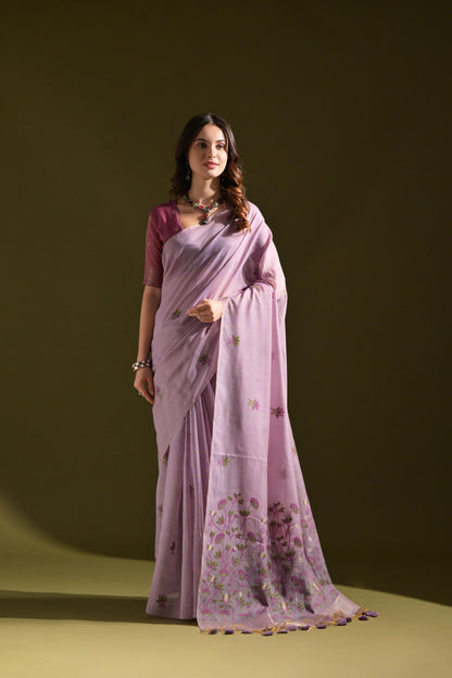 Dhiyona GR Women's Florance Lavender Muga Cotton Jamdani Saree