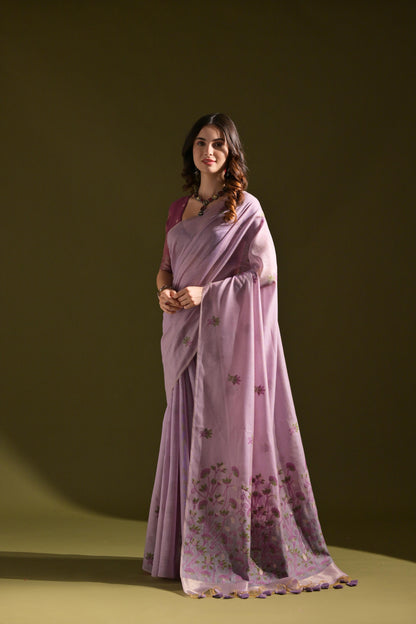 Dhiyona GR Women's Florance Lavender Muga Cotton Jamdani Saree