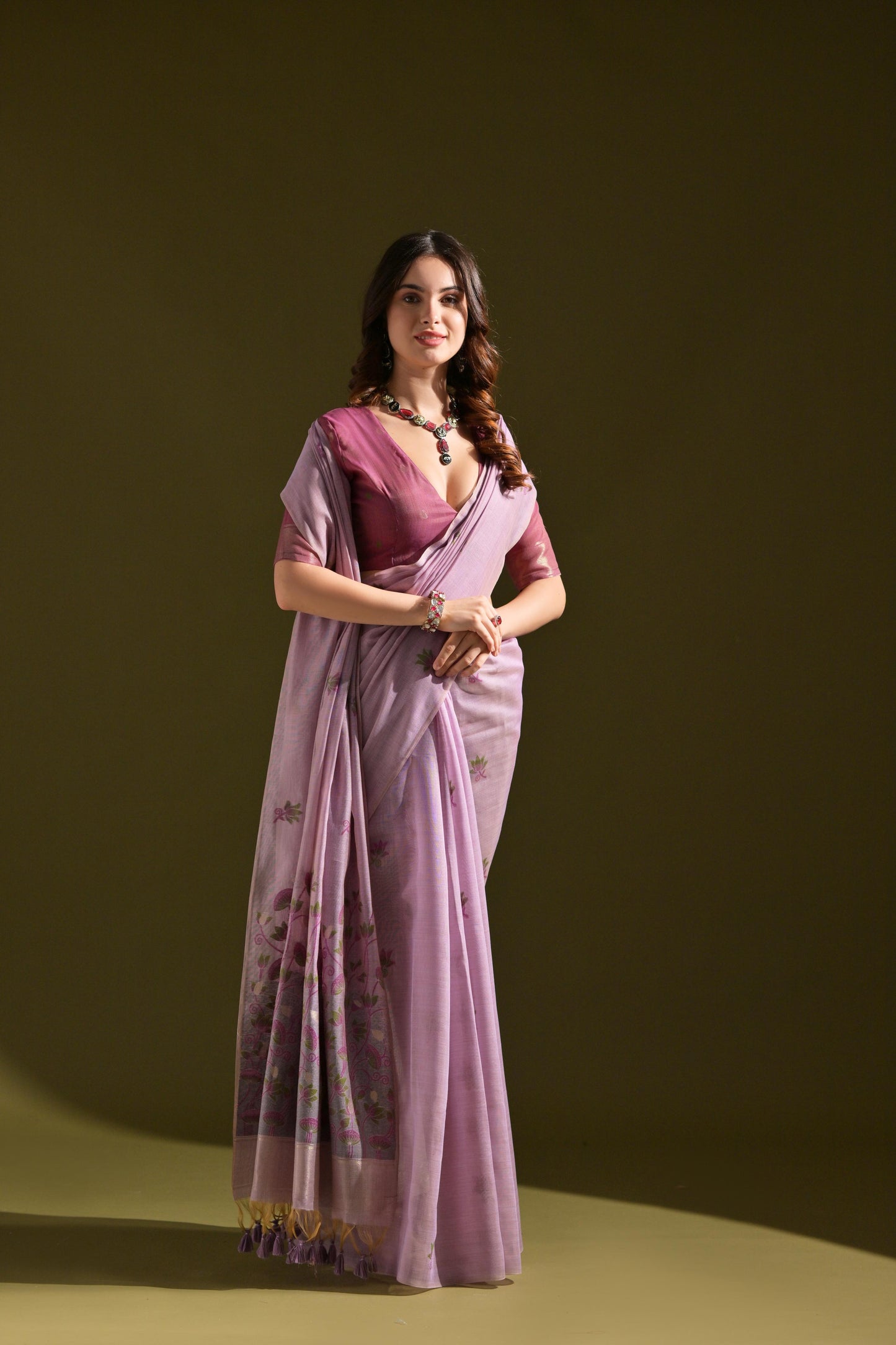Dhiyona GR Women's Florance Lavender Muga Cotton Jamdani Saree