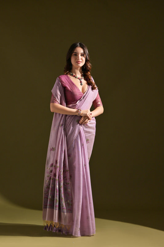 Dhiyona GR Women's Florance Lavender Muga Cotton Jamdani Saree