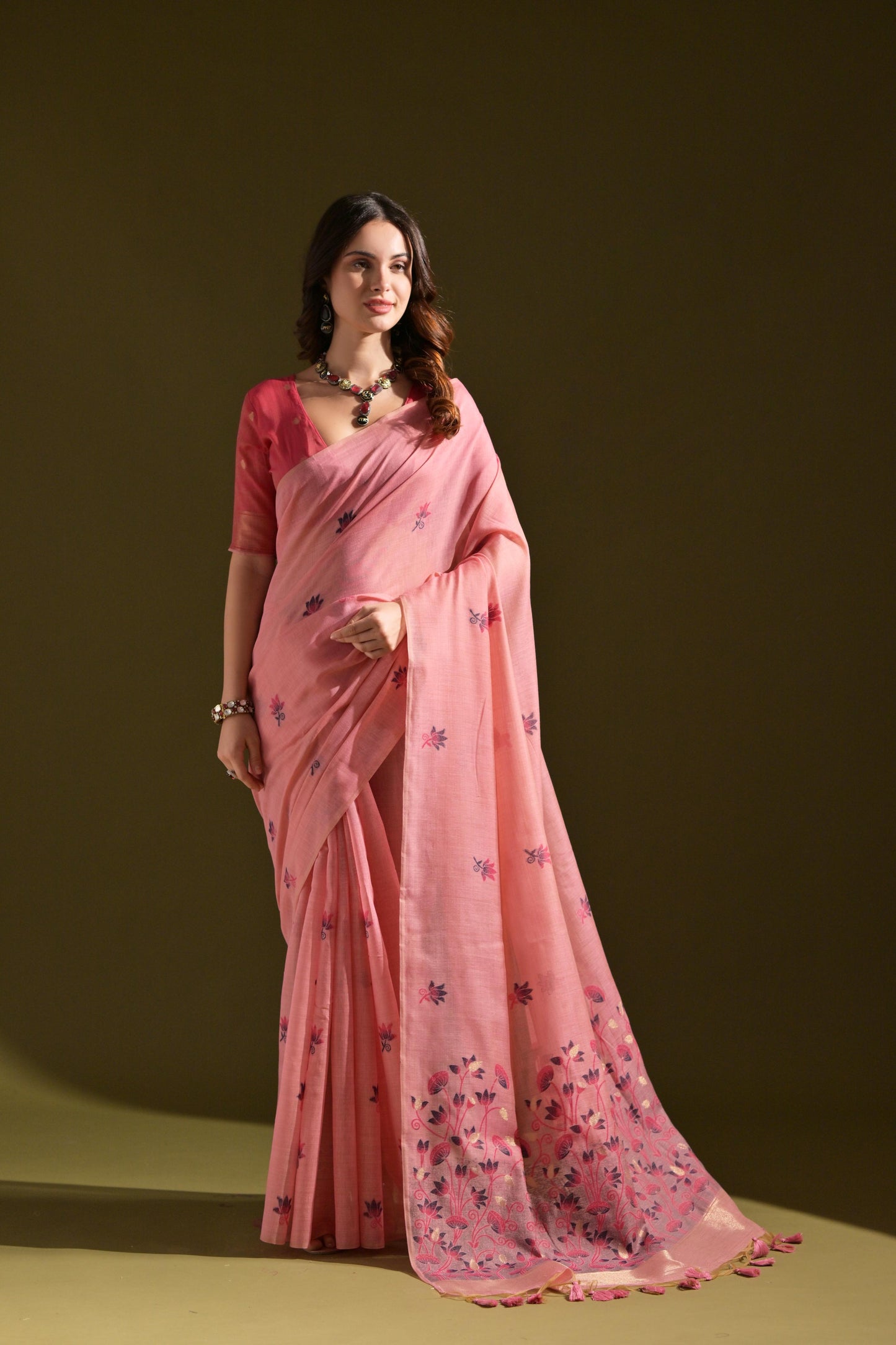 Dhiyona GR Women's Florance Pink Muga Cotton Jamdani Saree