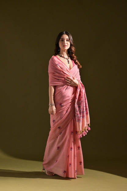 Dhiyona GR Women's Florance Pink Muga Cotton Jamdani Saree