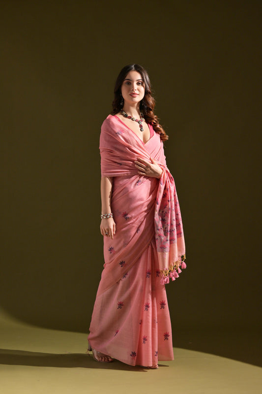 Dhiyona GR Women's Florance Pink Muga Cotton Jamdani Saree