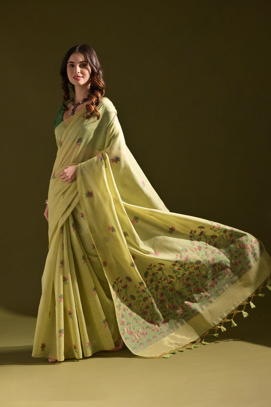 Dhiyona GR Women's Florance Green Muga Cotton Jamdani Saree