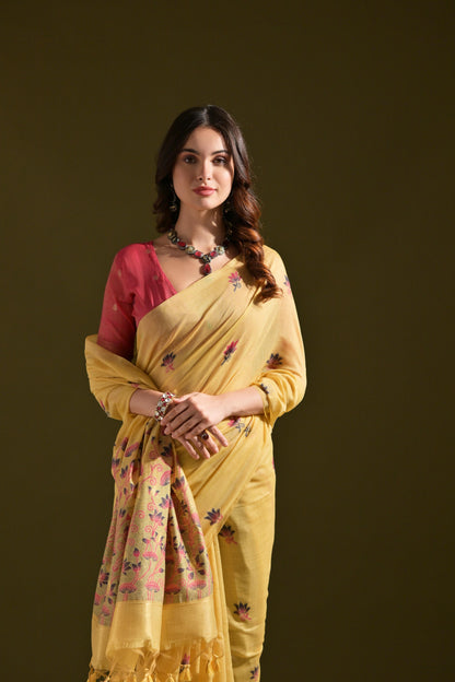 Dhiyona GR Women's Florance Beige Muga Cotton Jamdani Saree