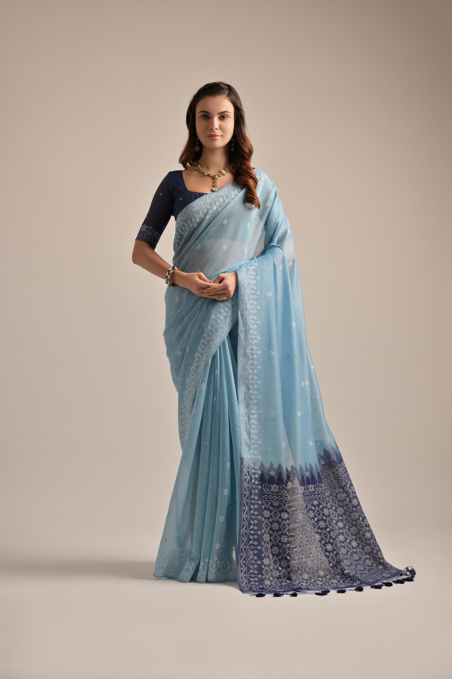 Dhiyona GR Women's Sky Blue Muga Cotton Jamdani Saree