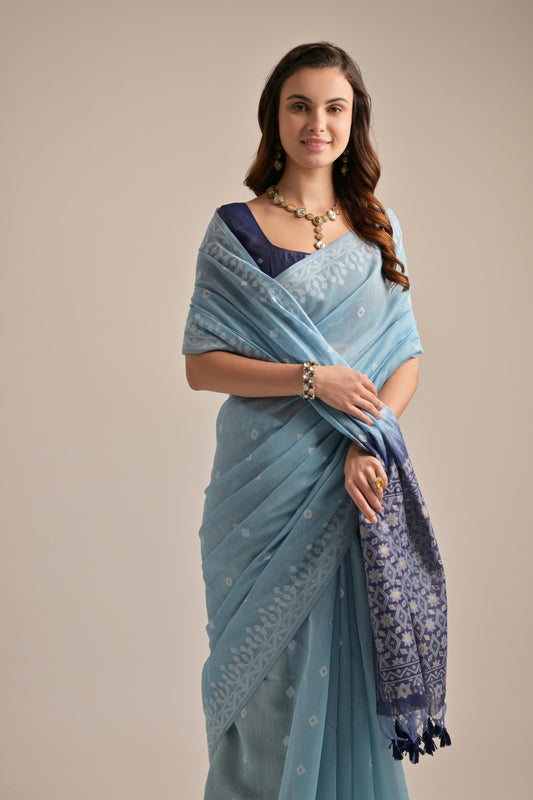 Dhiyona GR Women's Sky Blue Muga Cotton Jamdani Saree