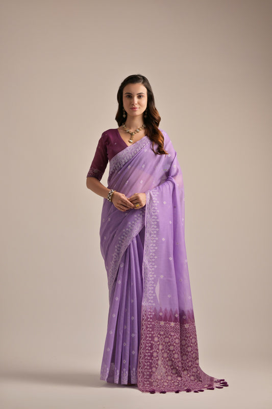 Dhiyona GR Women's Lavender Muga Cotton Jamdani Saree