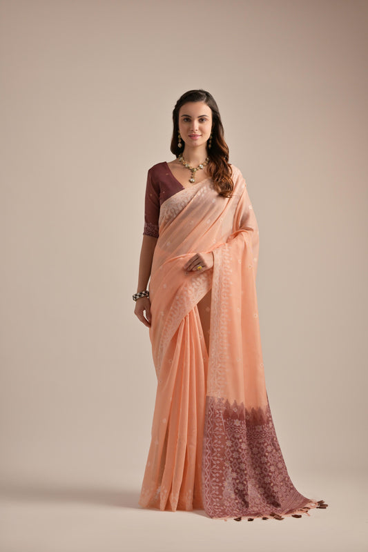 Dhiyona GR Women's Peach Orange Muga Cotton Jamdani Saree