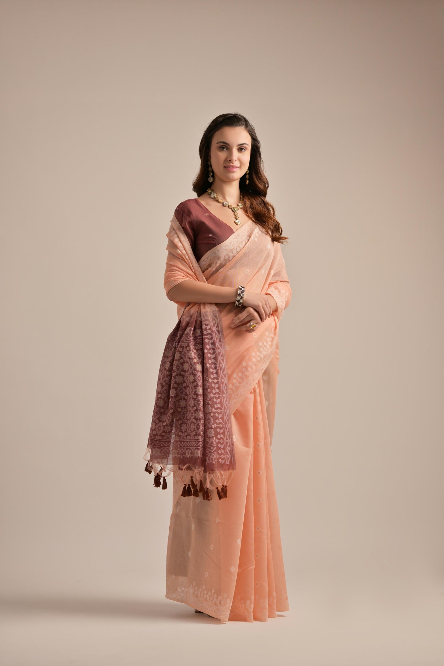 Dhiyona GR Women's Peach Orange Muga Cotton Jamdani Saree