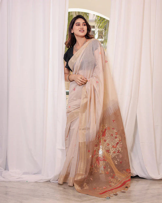 Dhiyona GR Women's Beige Muga Cotton Woven Saree