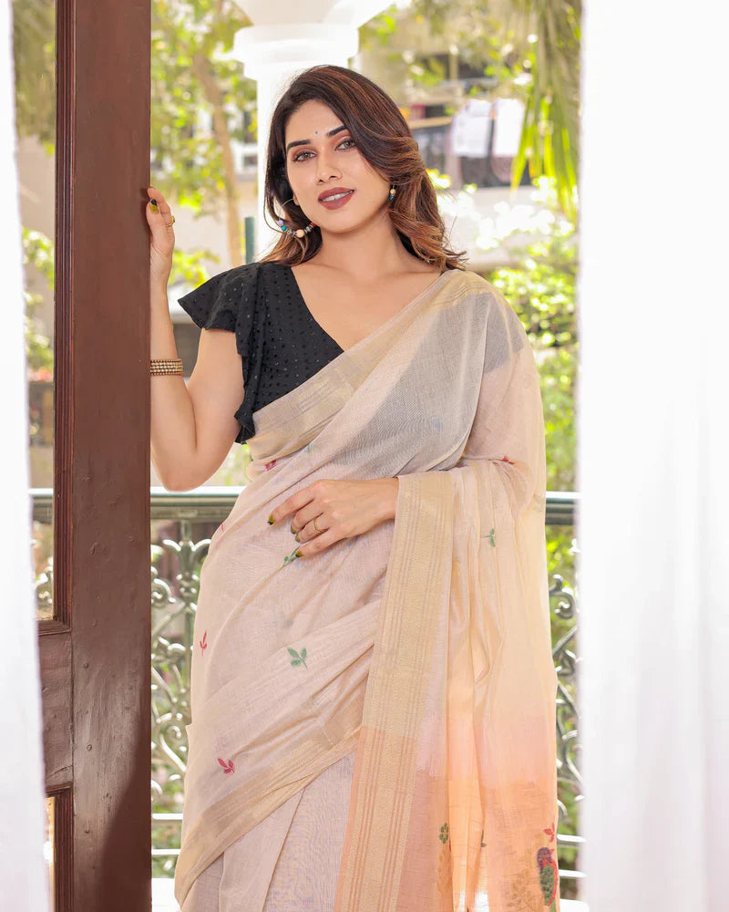 Dhiyona GR Women's Peach Muga Cotton Woven Saree